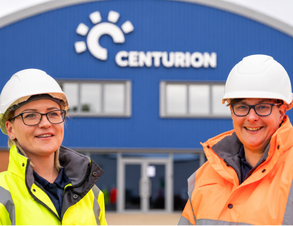 Two workers outside Centurion head office